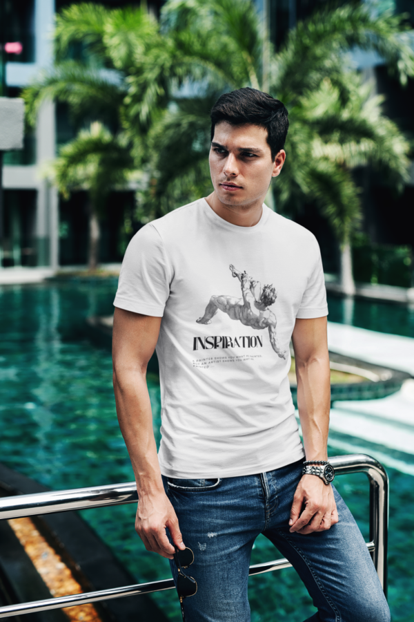 Model wearing Inspiration T-Shirt - 2, Brand Name - Thread Wair Inspiration Unisex White T-Shirt