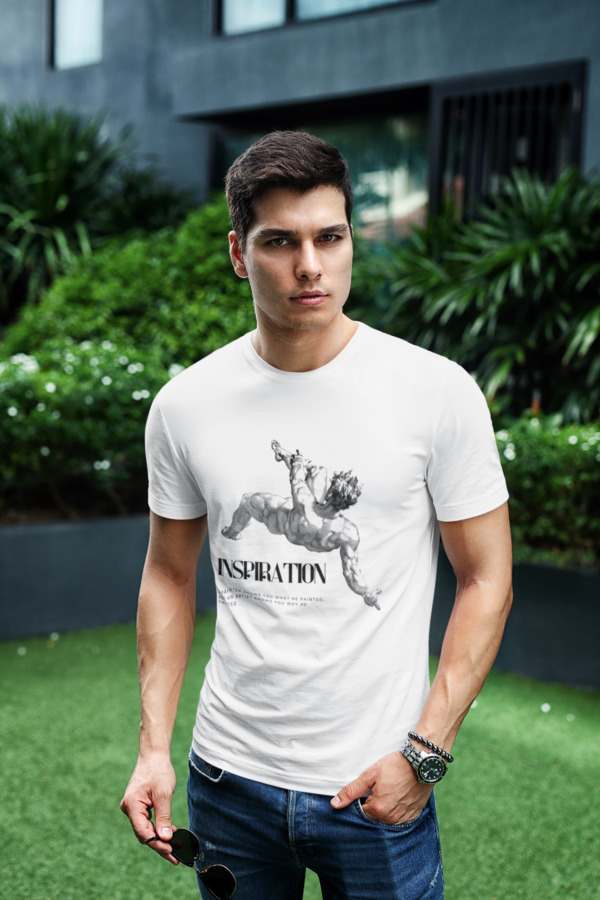 Model wearing Inspiration T-Shirt - 3, Brand Name - Thread Wair Inspiration Unisex White T-Shirt