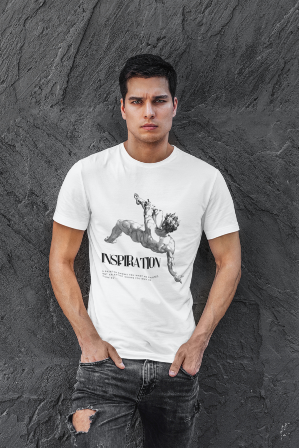 Model wearing Inspiration T-Shirt, Brand Name - Thread Wair Inspiration Unisex White T-Shirt