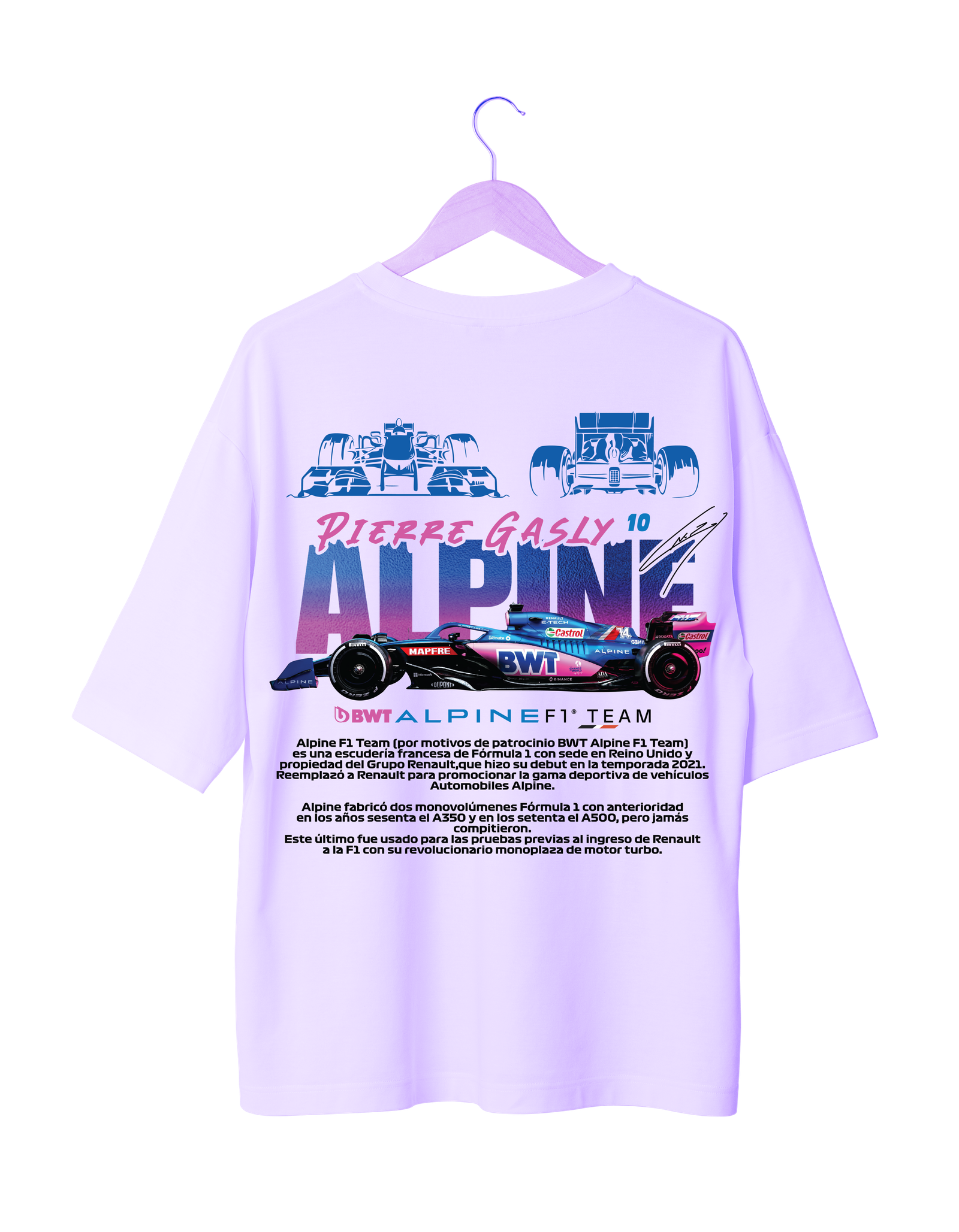 Pierre Gasly Alpine Formula 1 T-Shirt Pierre Gasly Alpine F1 T-Shirt with team branding and racing car artwork